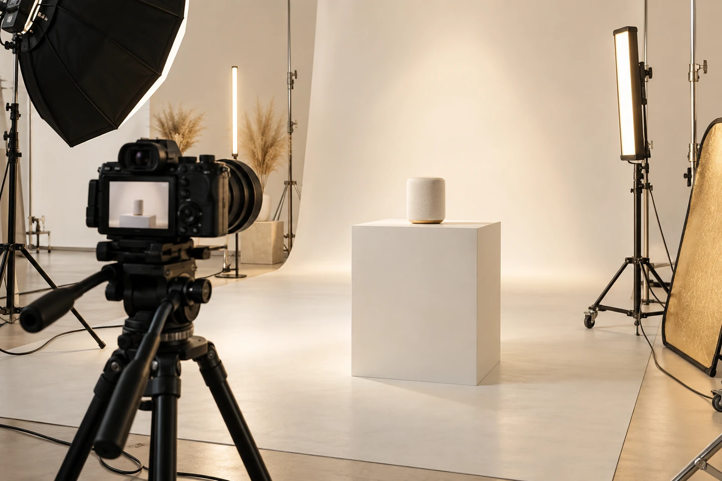Illustrative product filming studio with a camera, lighting, and consumer device; no people